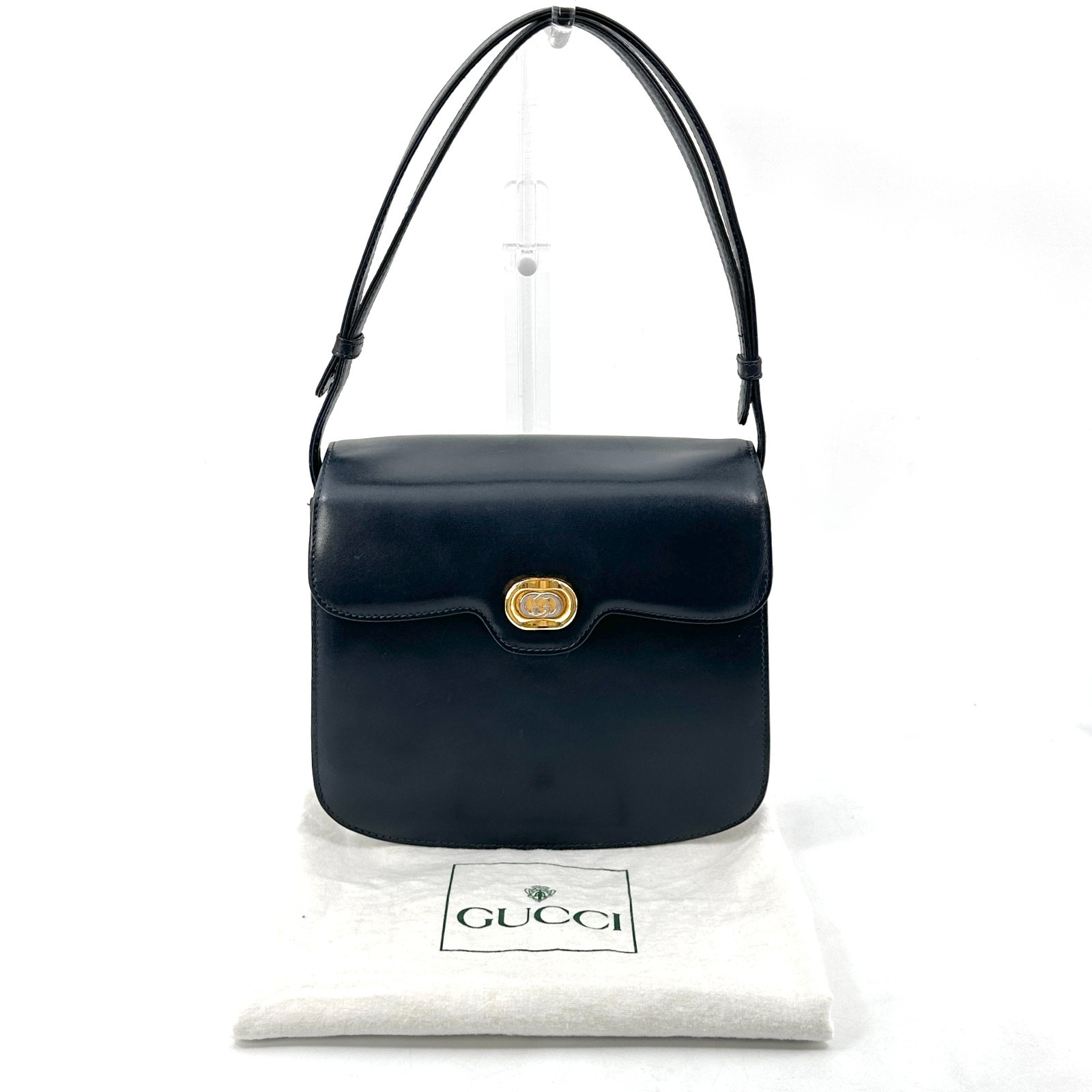 Vintage Gucci Interlocking Leather shoulder bag Navy Gold Auth