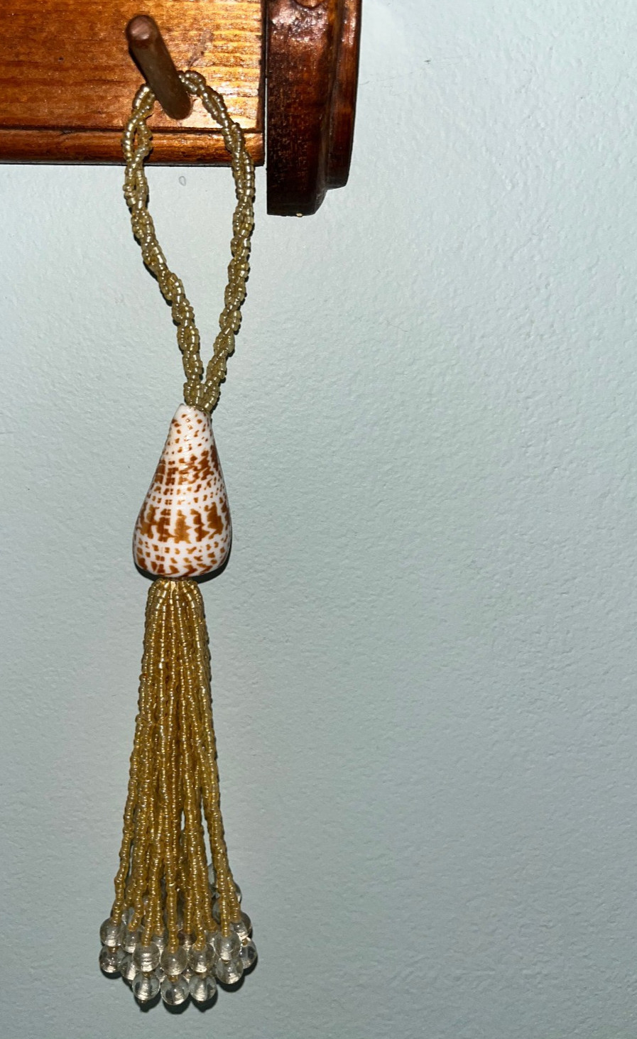 Tan Gold Beaded Tassel with Cone Shell Loop with Seed Bead Braided 9″