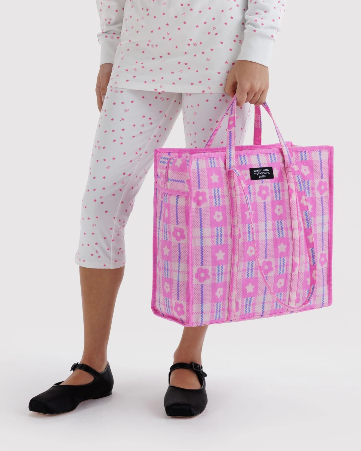NEW BAGGU x Sandy Liang Large Nylon Market Bag NWT Limited Collection Plaid Pink