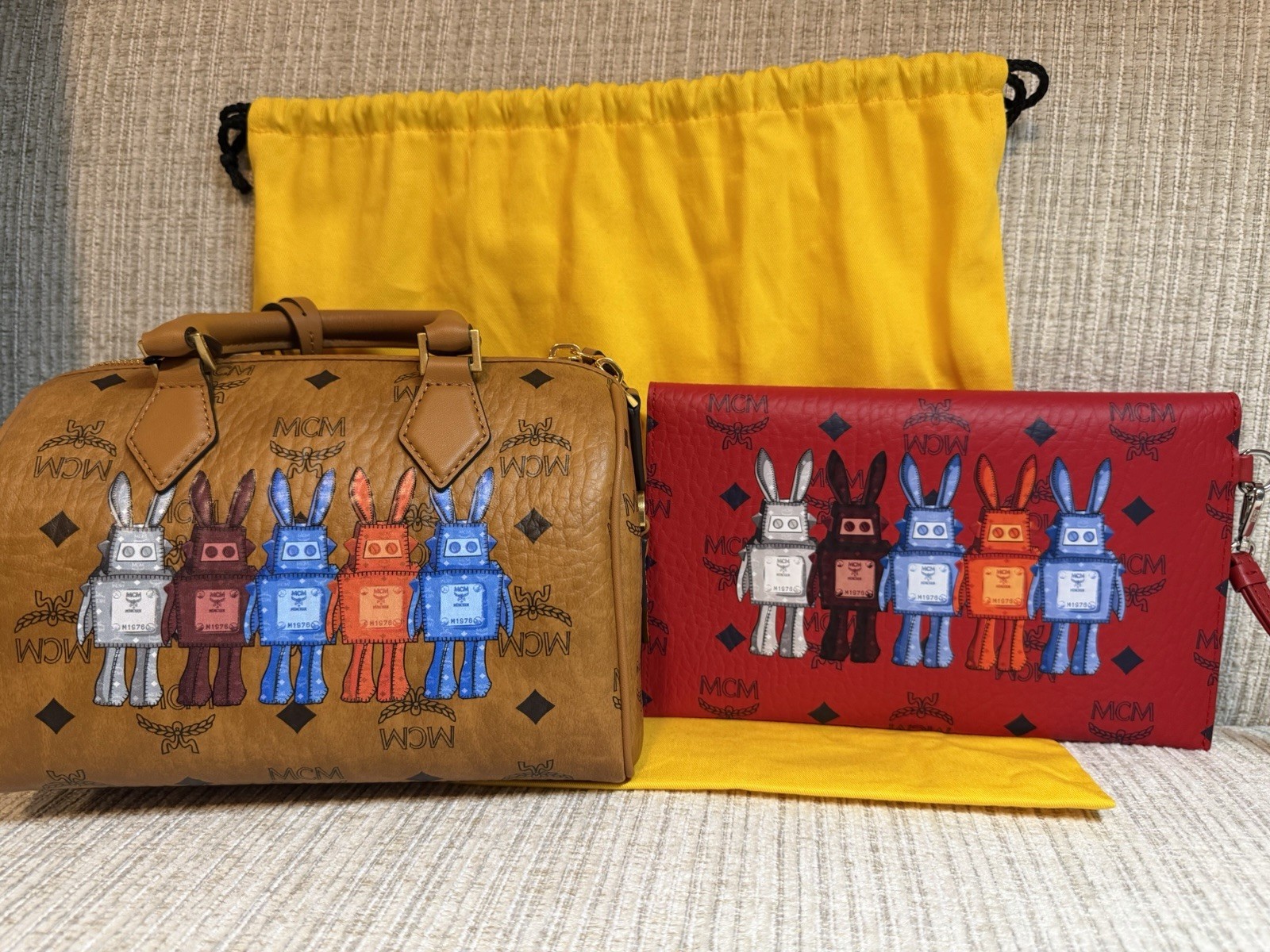 MCM Brown Logo Top Handle Satchel Bag Zip Closure w/ Dust Bag + Clutch bag GIFT