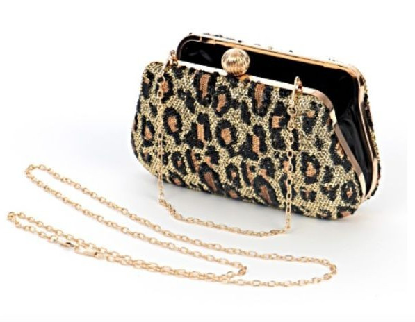 Off Park Collection Sequin Black & Gold Leopard Print Gold Tone Clutch NEW