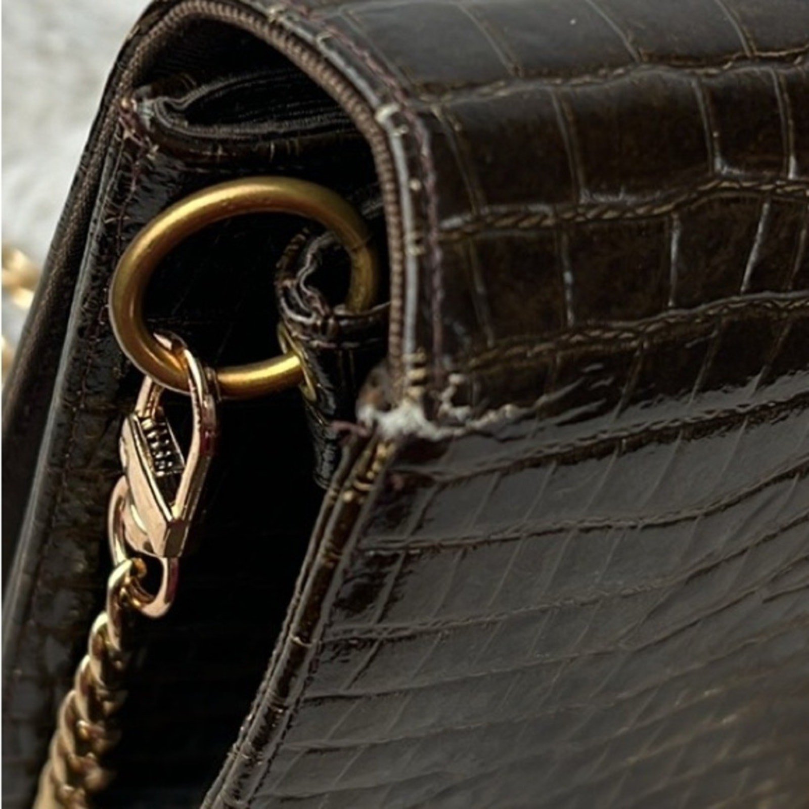 Bienen Davis Vintage Croc Embossed Structured Flap Bag Gold Chain Old Money