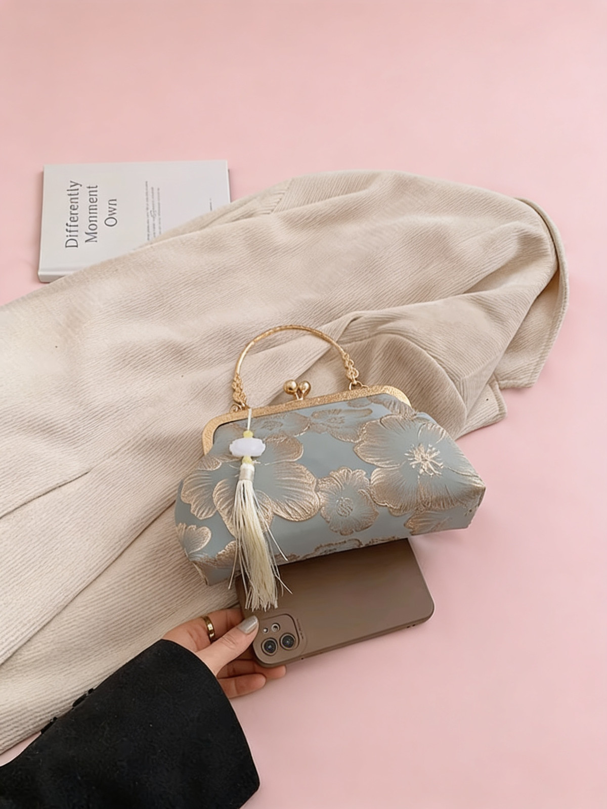 Vintage Silk Floral Evening Clutch Bag Women Tassel Wedding Party Shoulder Purse