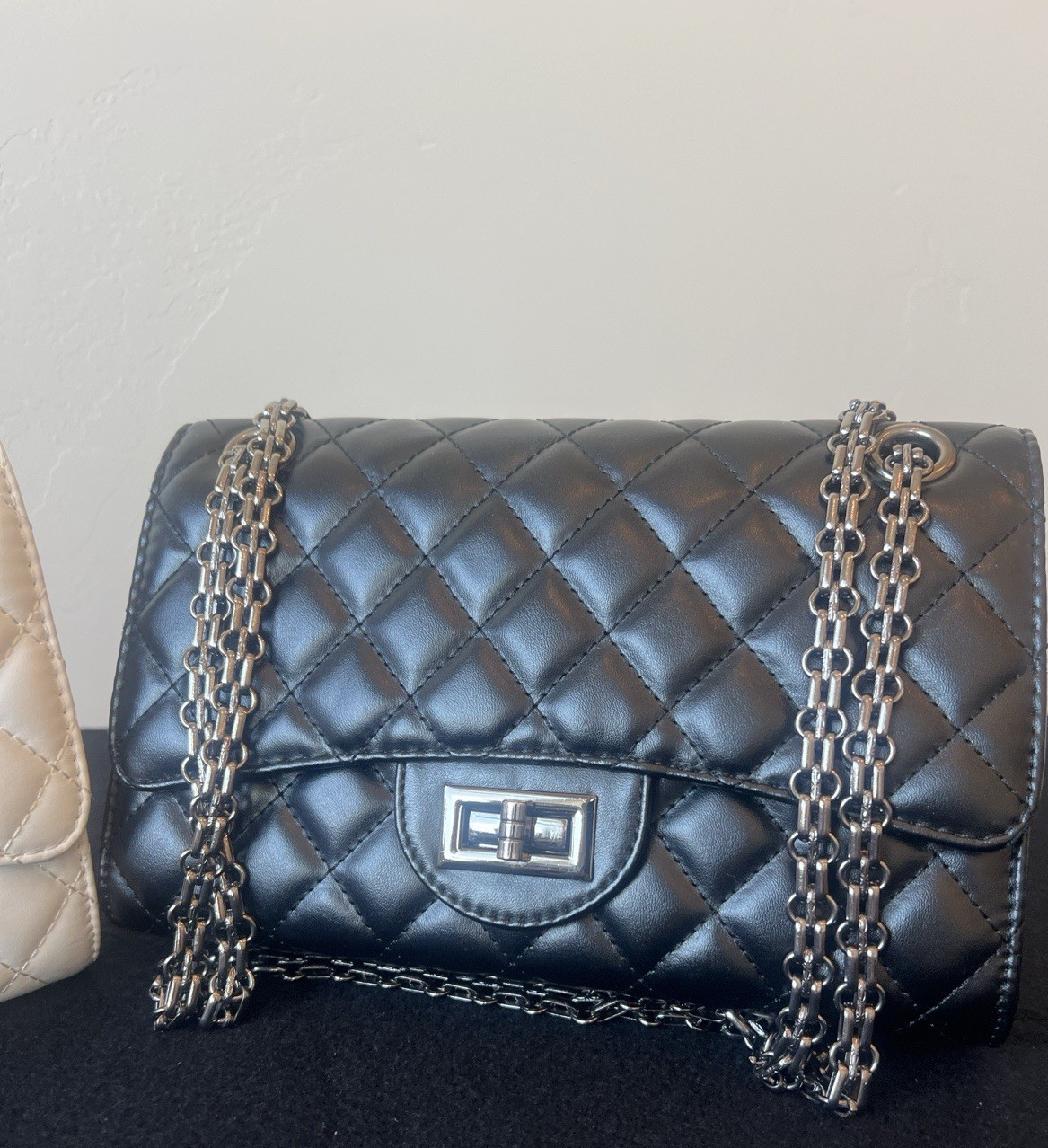 Lot of 2 Quilted Chain Strap Shoulder/Crossbody Handbags Black & White