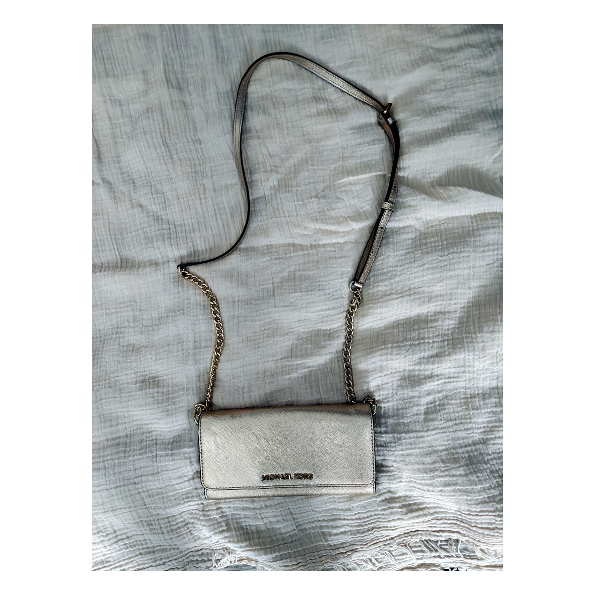 Michael Kors Saffiano Metallic Gold Wallet on Chain Crossbody Bag Good