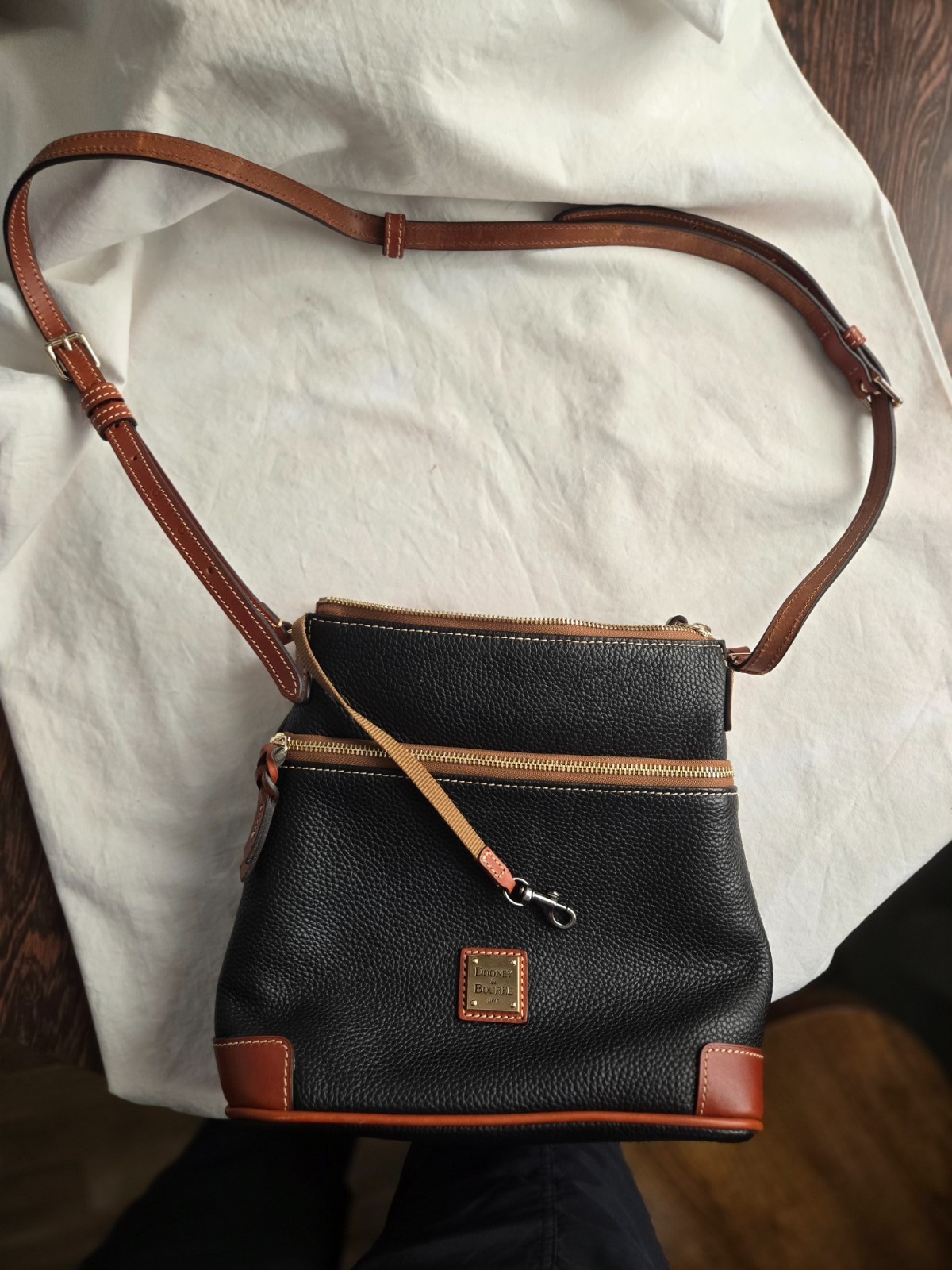 Dooney & Bourke Black Pebbled Grain Leather Crossbody With Brown Trim & Strap
