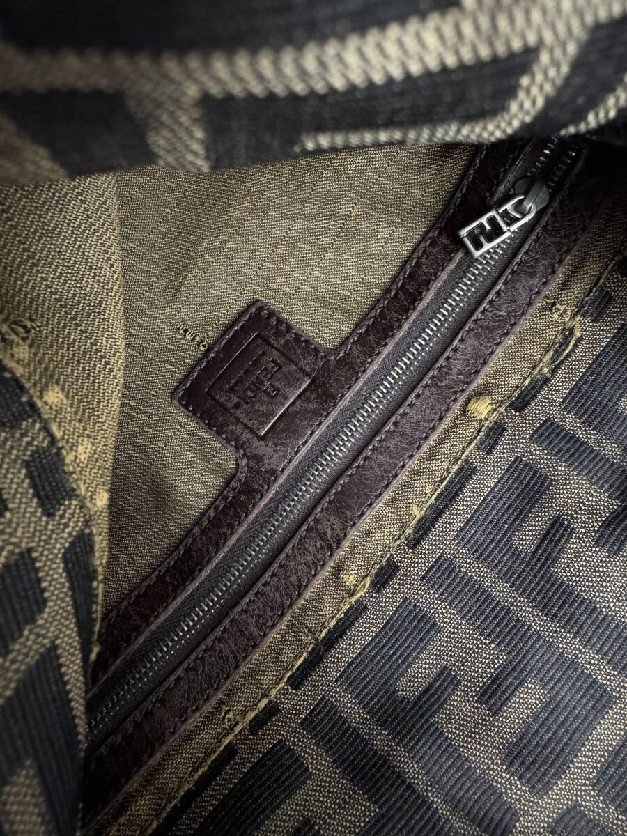 FENDI Mamma Baguette Shoulder Handbag Zucca Pattern Khaki Black Leather Brown