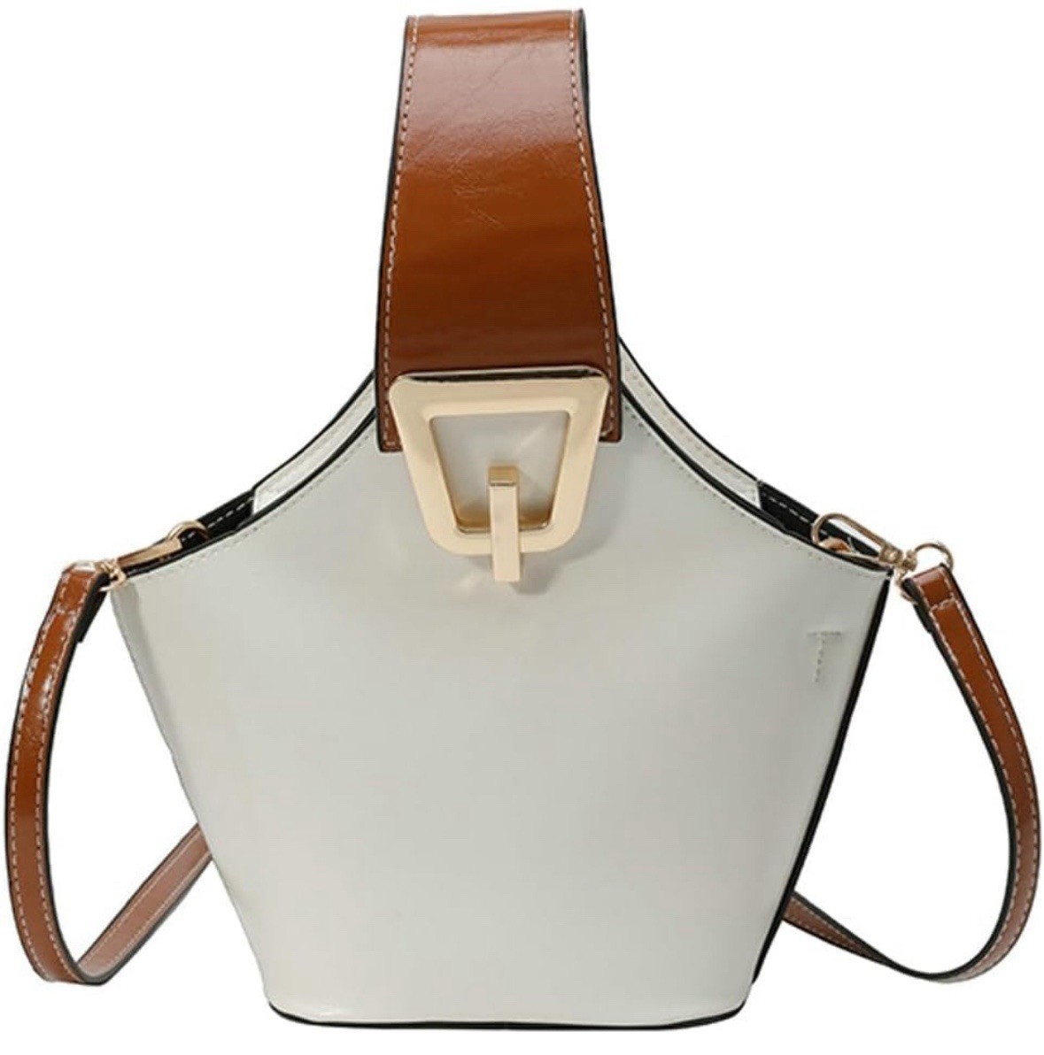 PU LEATHER WHITE AND BROWN BUCKET BAG WITH GOLD HARDWARE AND CROSSBODY STRAP