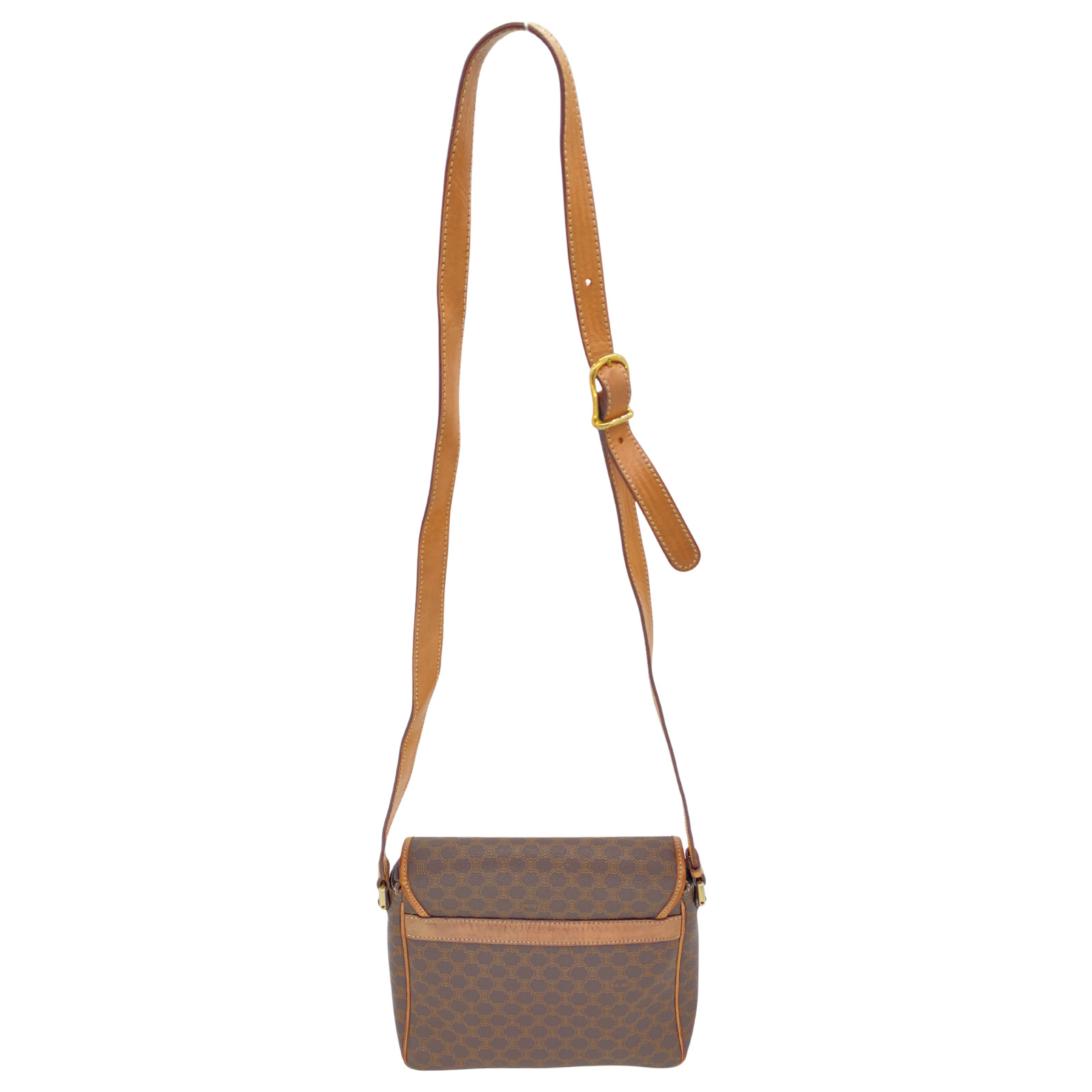 CELINE Vintage Shoulder Bag Macadam Circle Hardware PVC Leather Brown Authentic