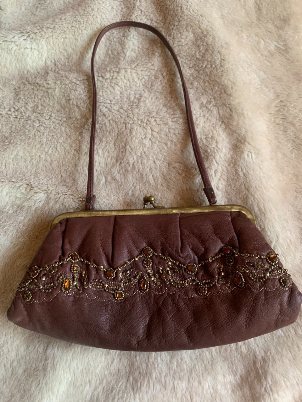 Vtg Massimo Dutti Beaded Brown Leather Clutch Handbag Kiss Lock Evening Bag Y2K