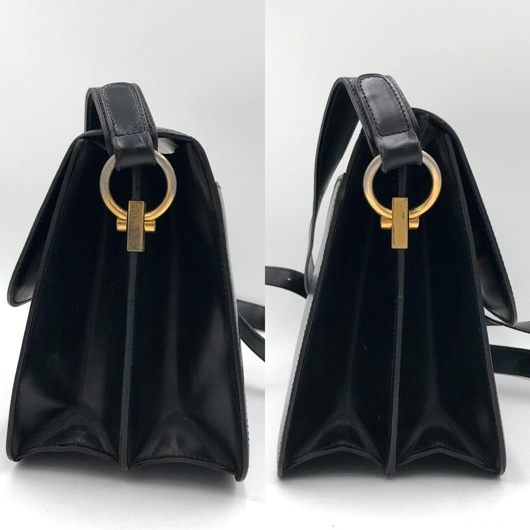 CELINE Macadam Navy Shoulder Bag PVC Leather Turn Lock Women Vintage 19cm 26cm