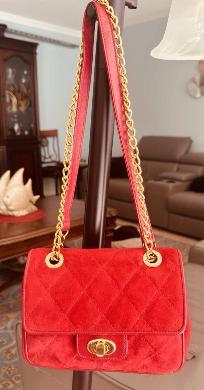 Escada Shoulder Bag ~ Red Suede Bag Gold Tone Hardware ~ Leather Trim Chain Link
