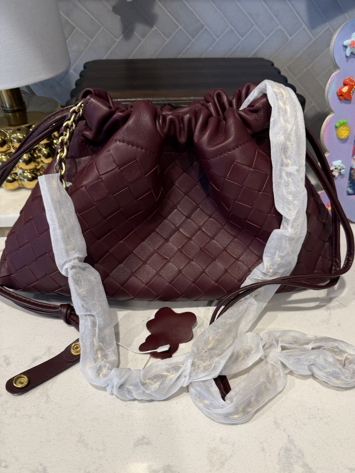 Lambskin Burgundy Woven Leather Drawstring Bag Purse