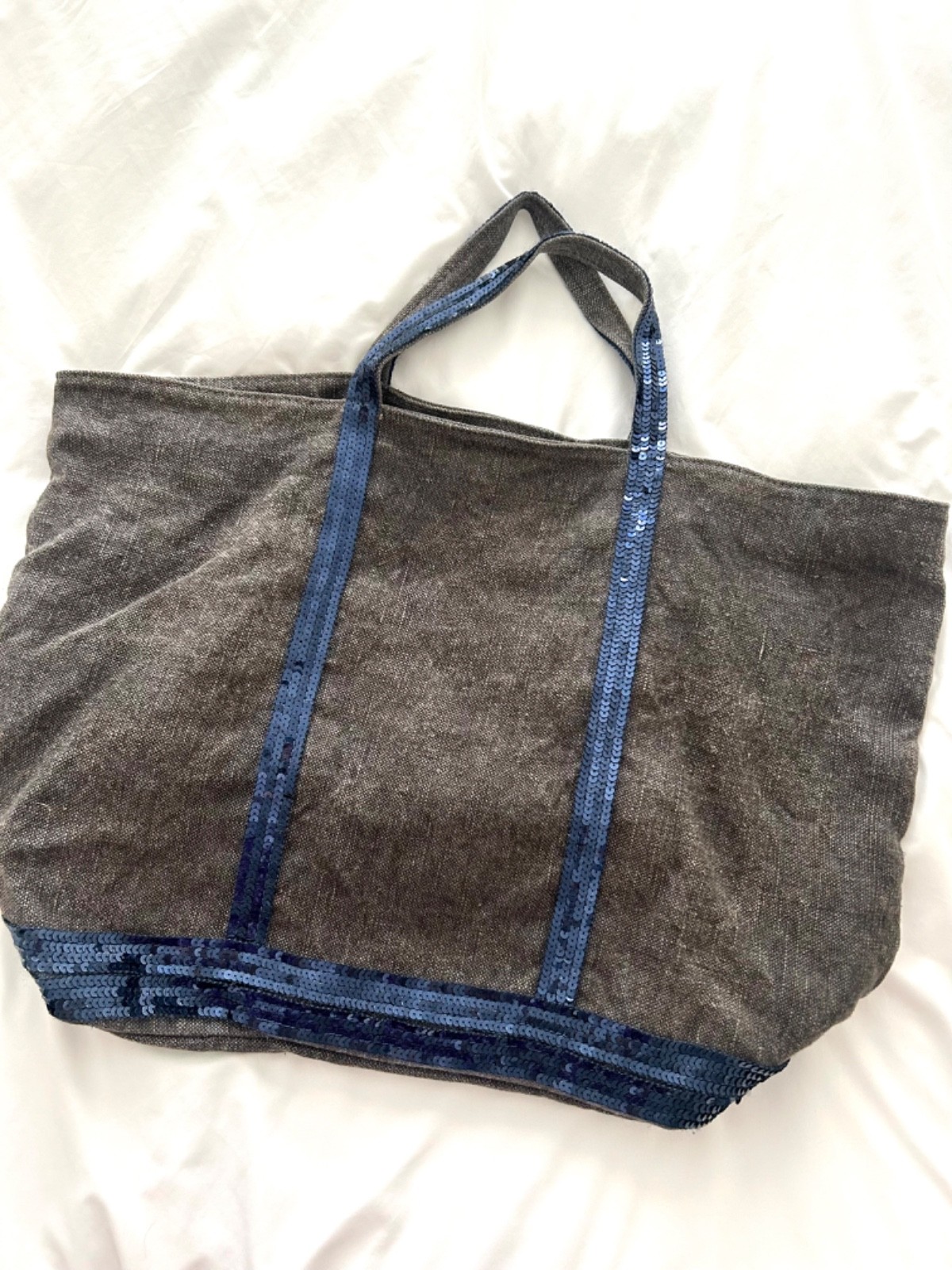 Vanessa Bruno Linen Cabas Tote Large – Grey with Navy Blue Sequins – EUC