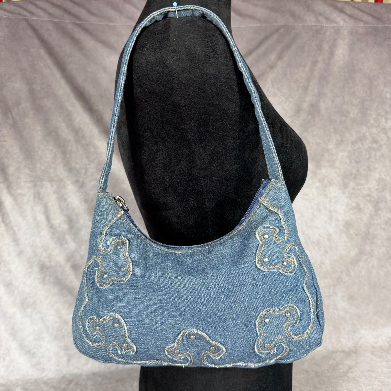 Vtg 90s Y2K Denim Shoulder Bag Studded Paisley Embroidered Baguette Purse Boho