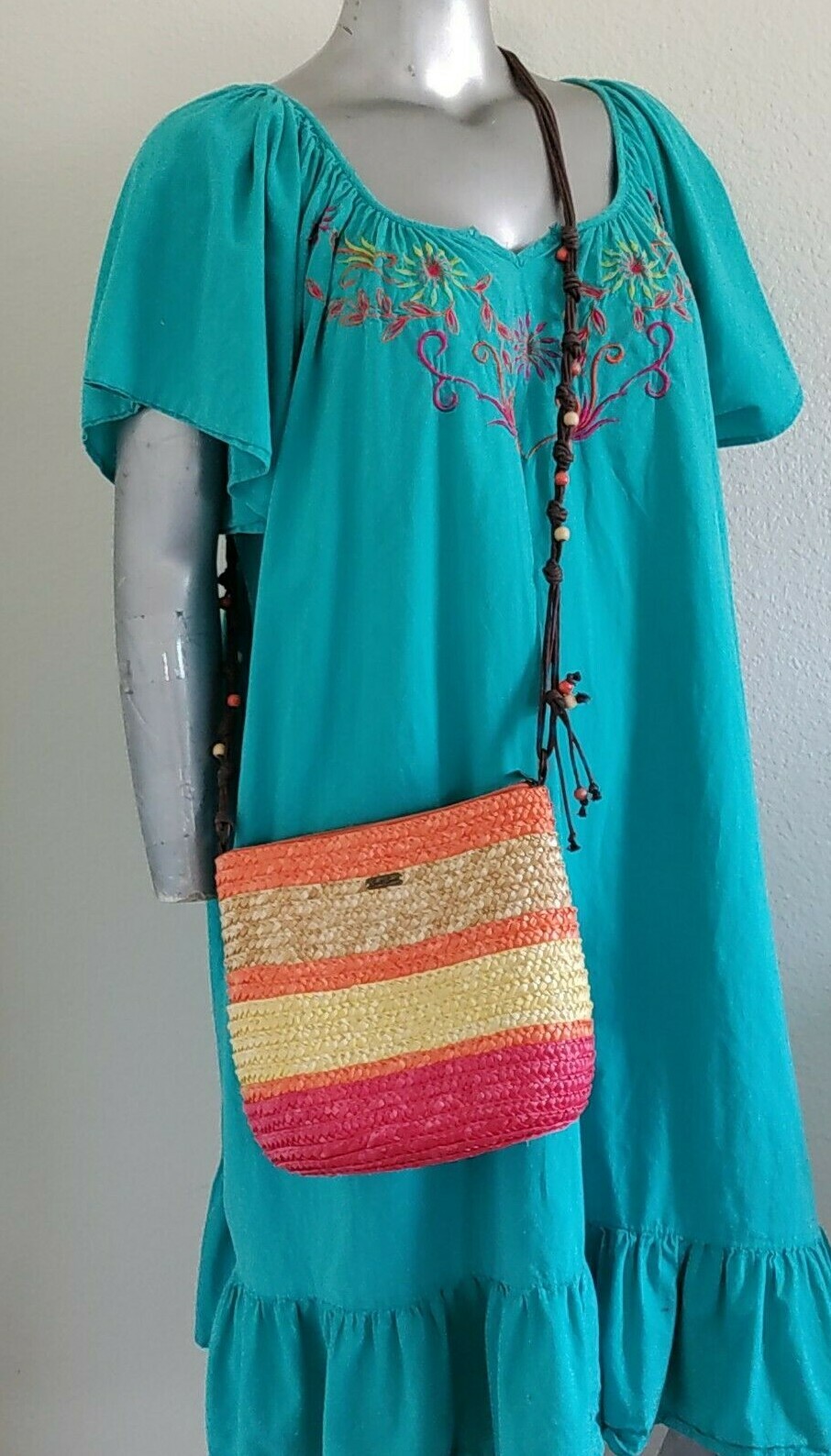 Sun ‘N’ Sand CROSSBODY OVER SHOULDER PURSE BAG WOVEN STRAW BEADED MULTICOLOR