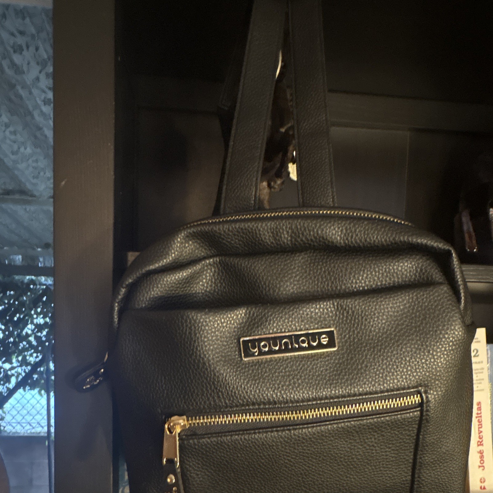 Younique Black Pebbled Backpack with Gold Hardware & Zip, Pockets, Purple Lining