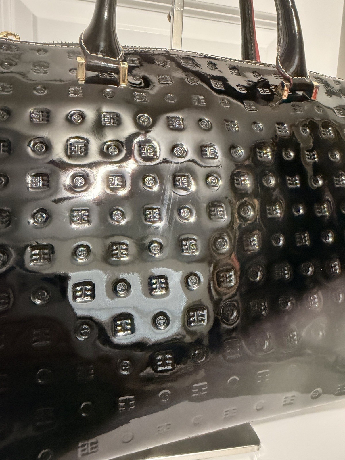 Arcadia Black Patent Leather Snake Embossed Sides Bag, No Shoulder Strap