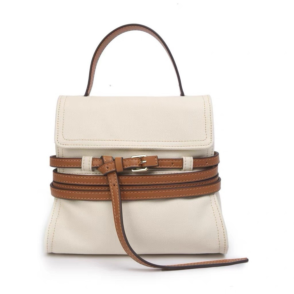 Women’s Ivory & Brown Solid Top Handle Bag Gold Hardware Buckle Accent Closure