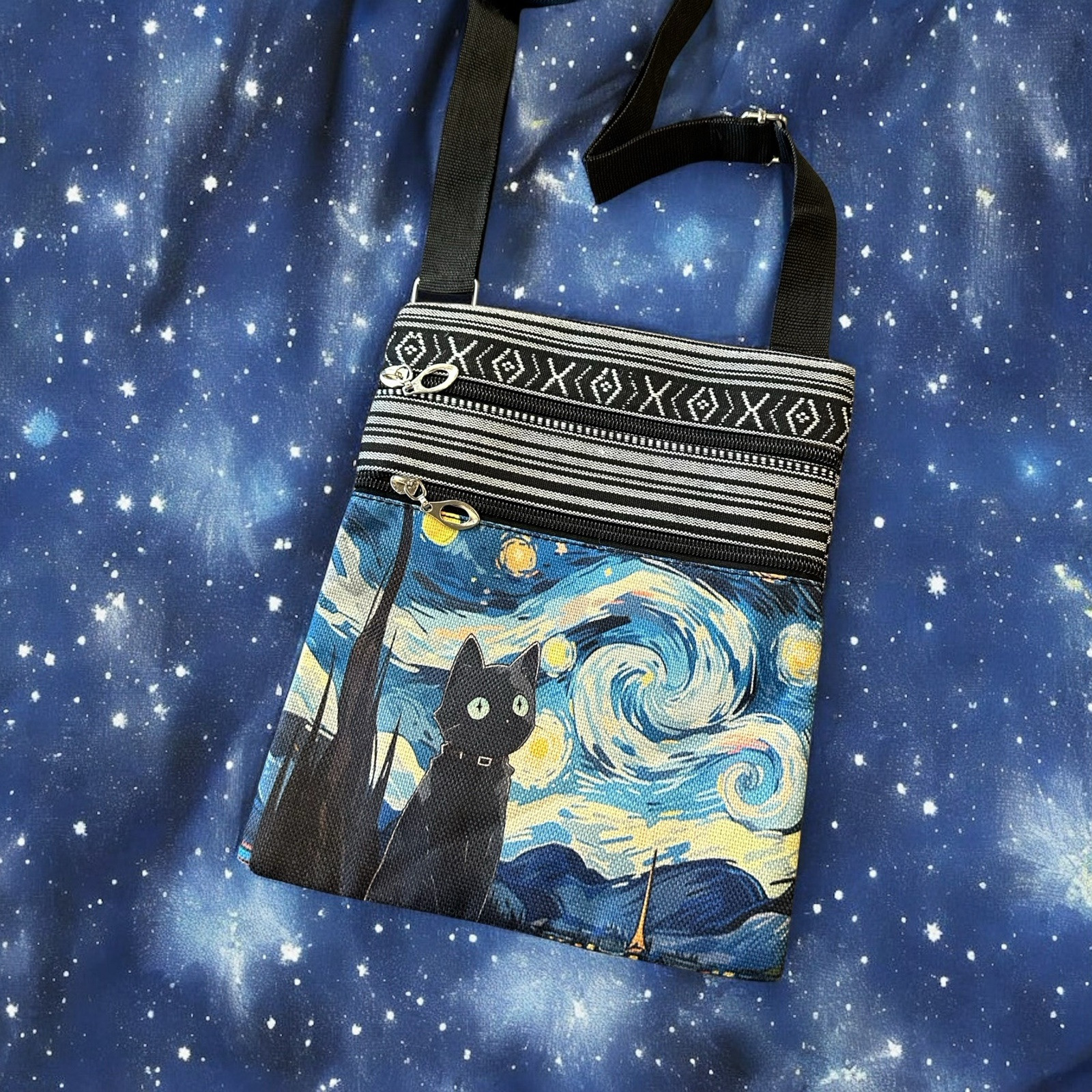 Black Cat Starry Night Crossbody Small Purse 21″ Adjustable Strap Van Gogh New