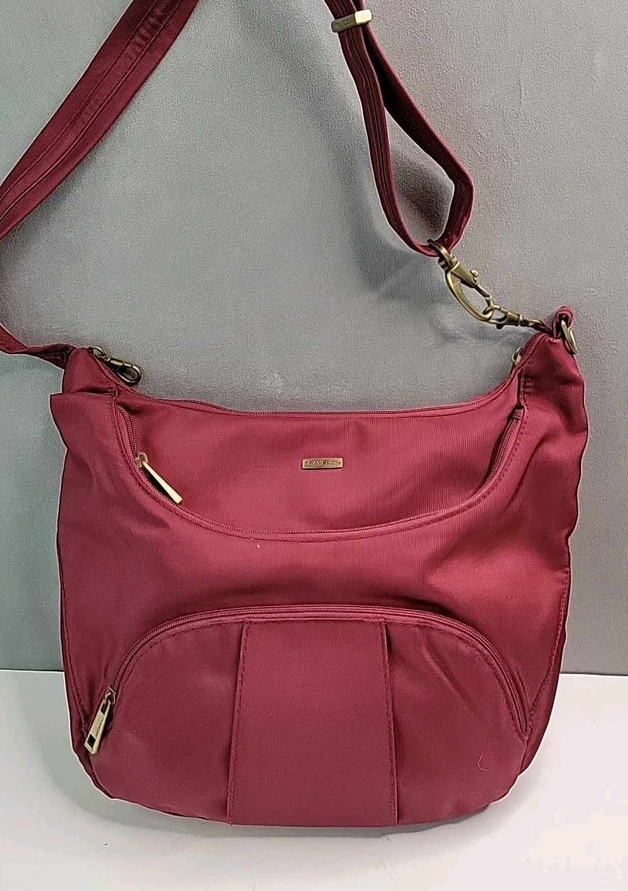 Travelon Red Burgundy Anti-Theft RFID Travel Crossbody Shoulder Purse Bag EUC