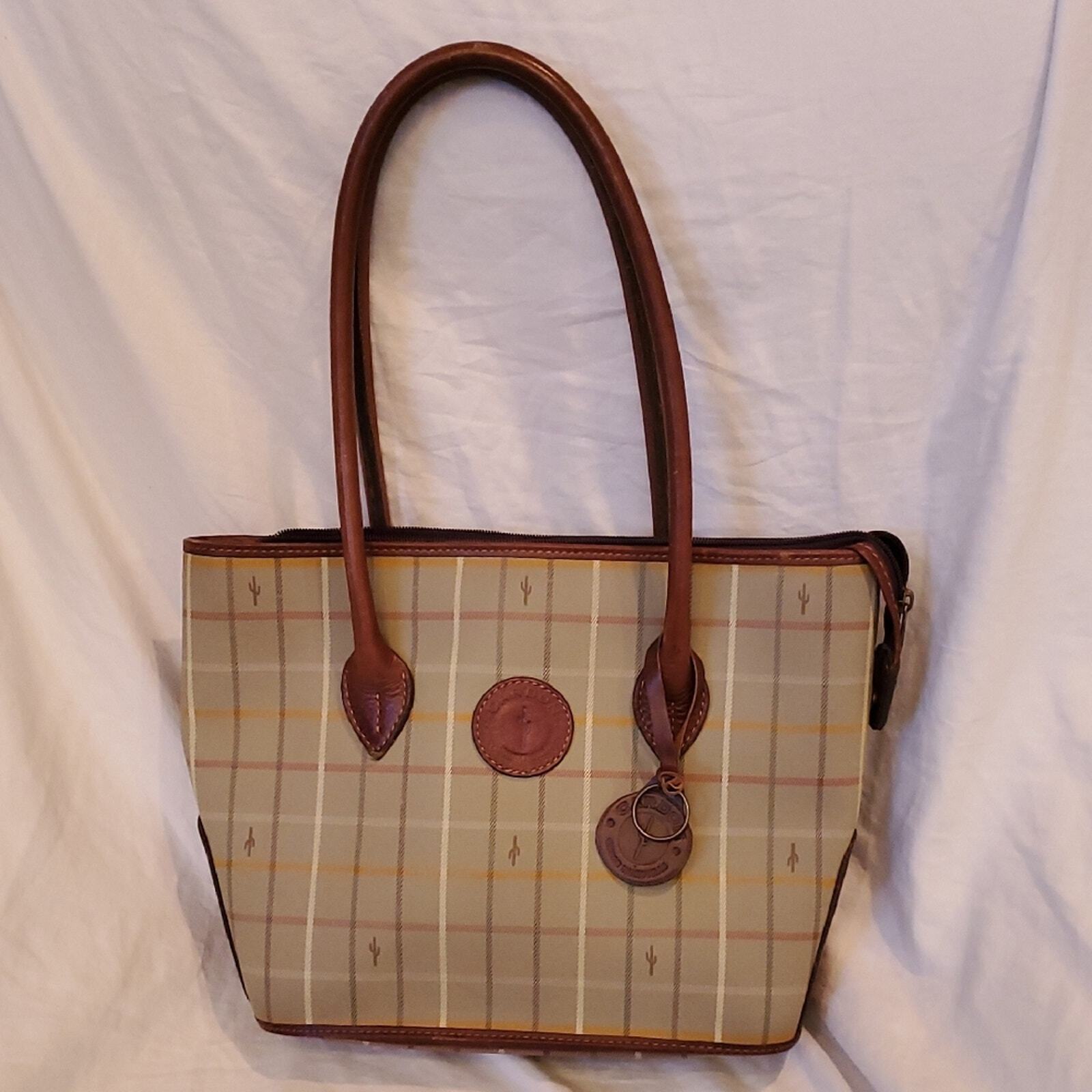 Vintage Cardon Cosas Nuestras Purse Tan w/Leather Trim and Handles Plaid Cactus