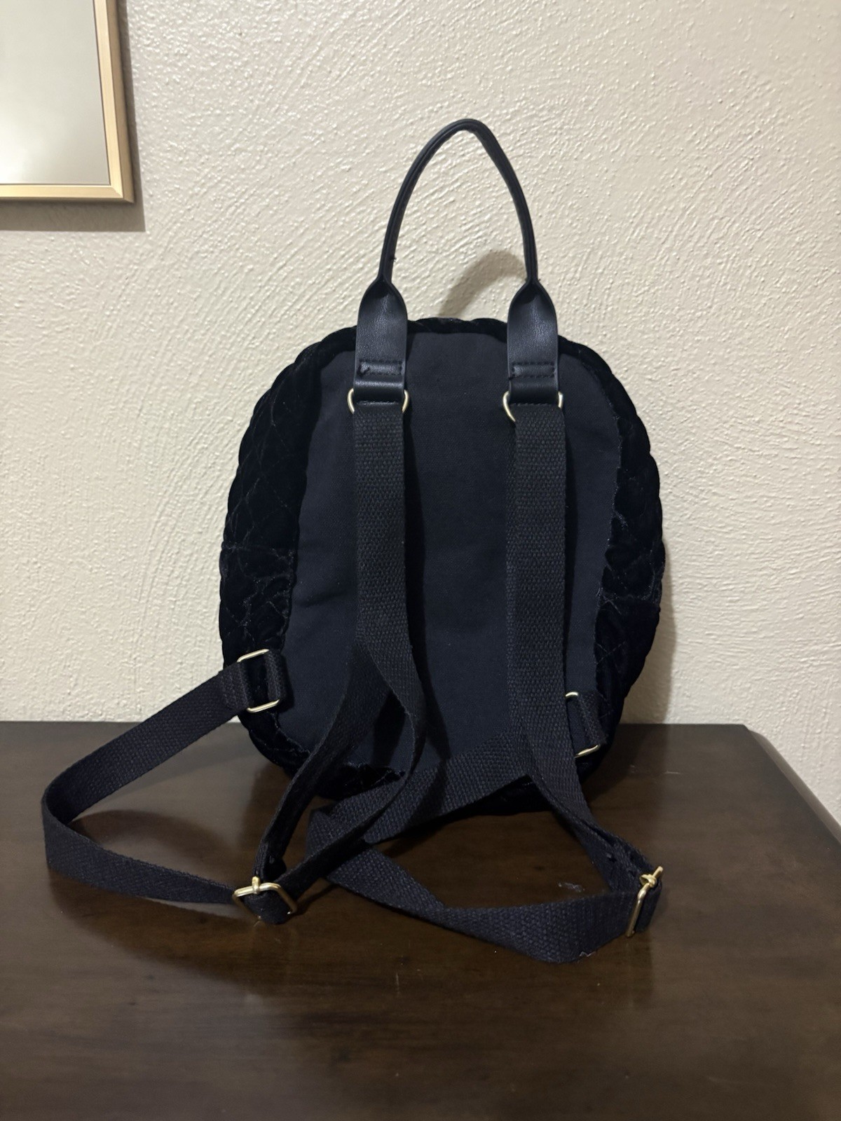 Art Class Black Velvet Quilted Mini Backpack Gold Zipper Adjustable Straps