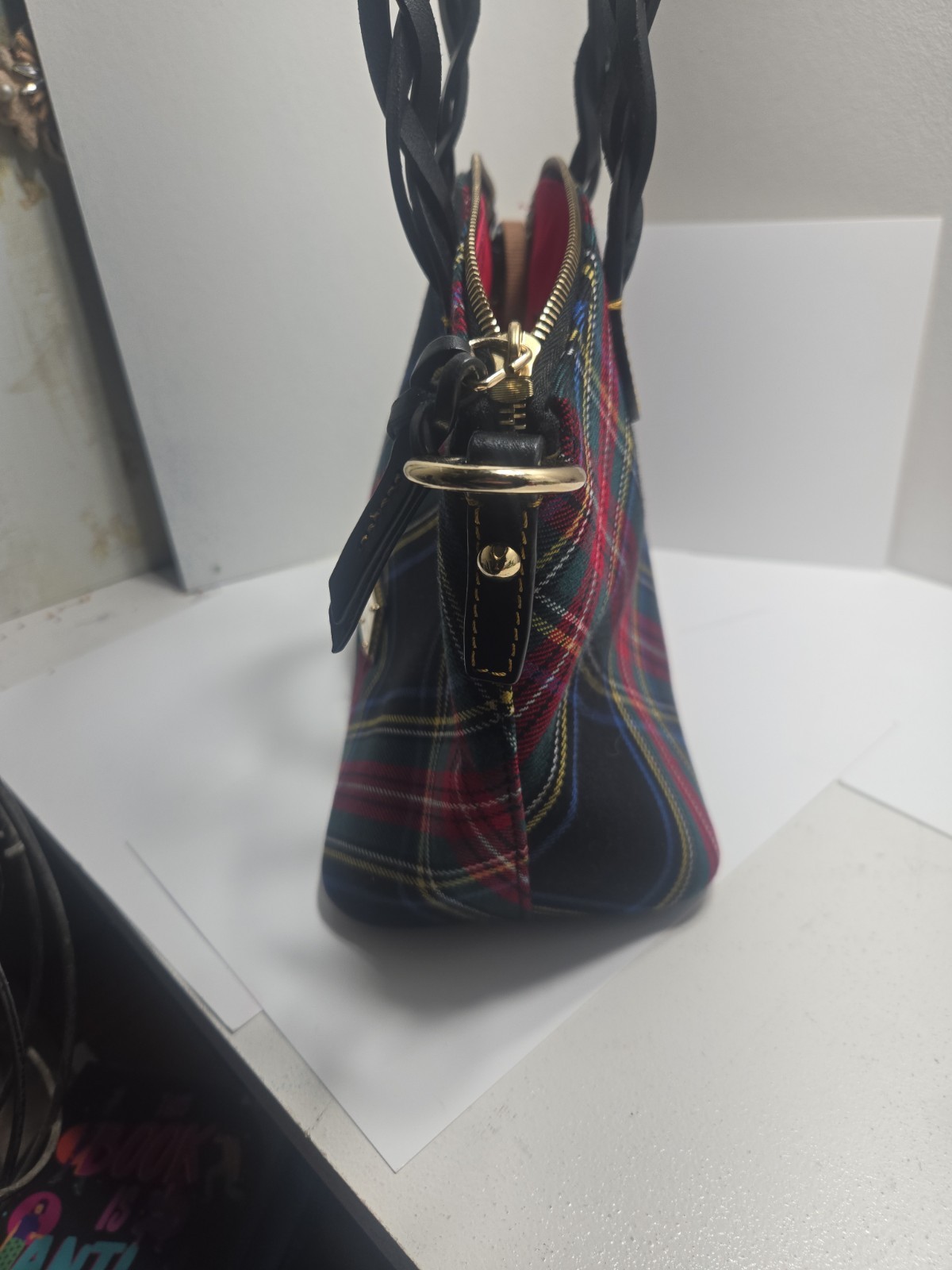 Dooney and Bourke Celeste Satchel Black Red Cross Woven Tartan