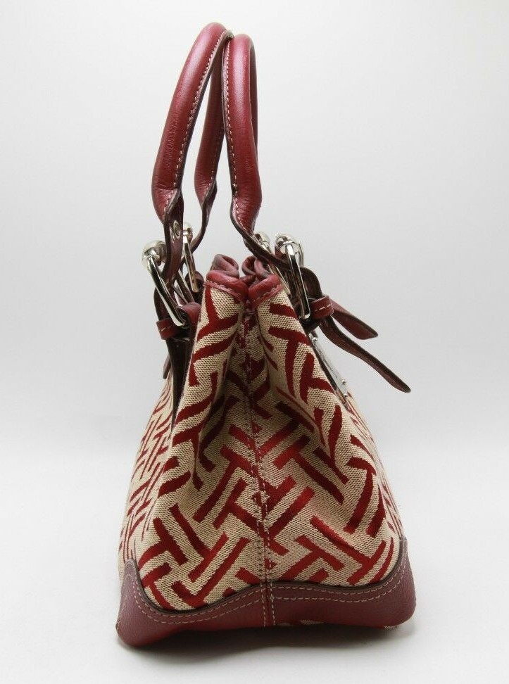 NEW Tignanello T Logo Fabric Purse Handbag Tan Burgundy Buckles Cotton Blend