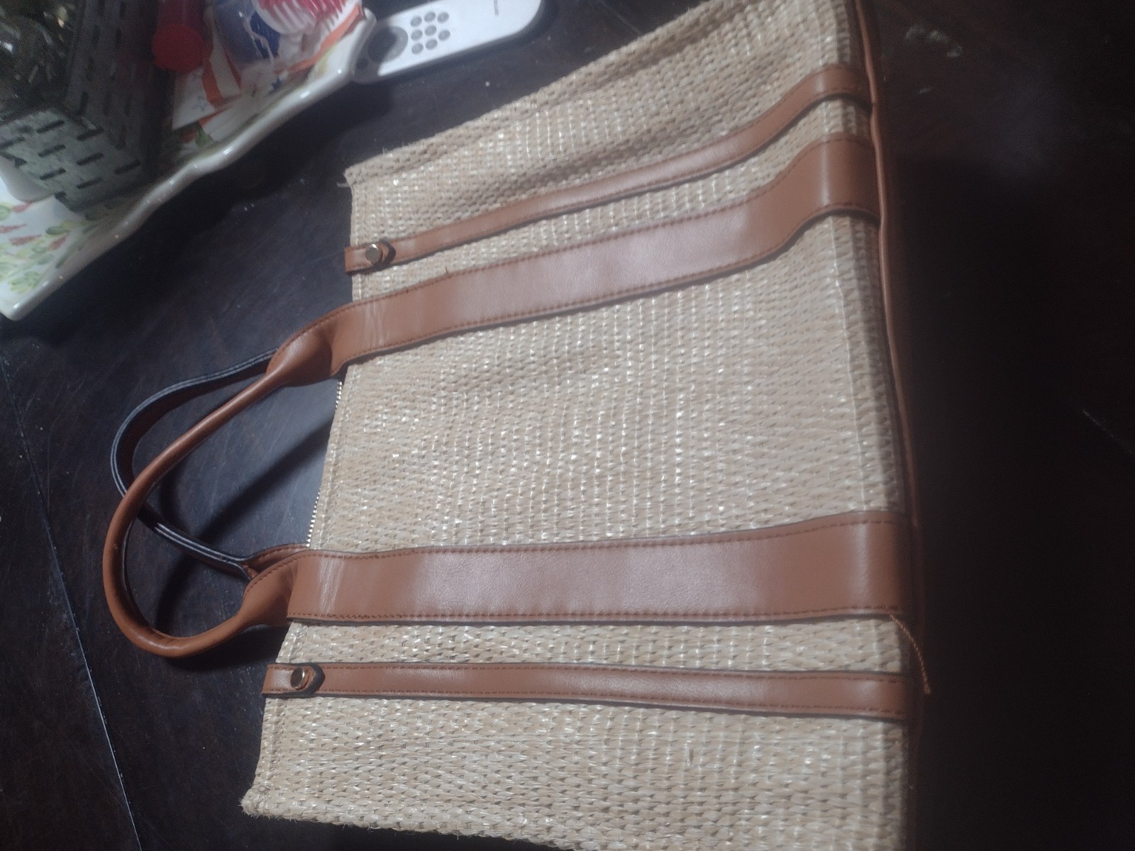Beige/Brown Tote Bag Zip Top Double Handles Lined Inner Pockets Gold Hardware