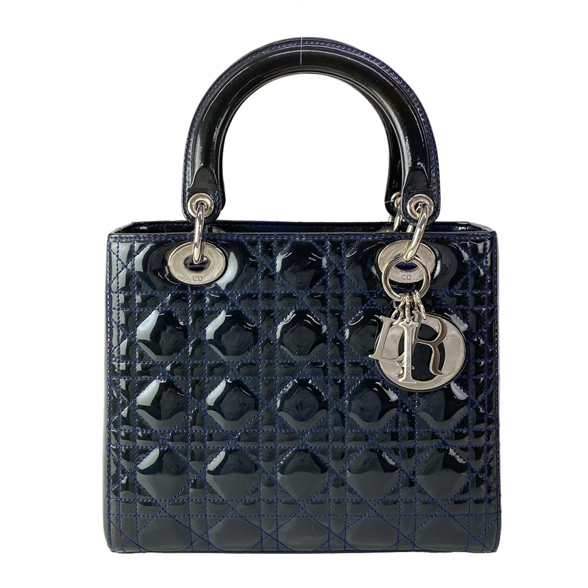 DIOR/ChristianDior Lady Dior Medium Bag Dark Navy Patent Leather Handbag