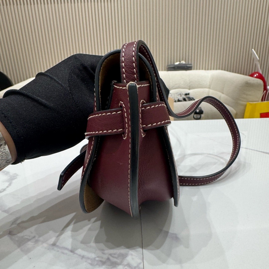 LOEWE Mini Gate Burgundy Smooth Leather Saddle Shoulder Crossbody Bag Thin Strap