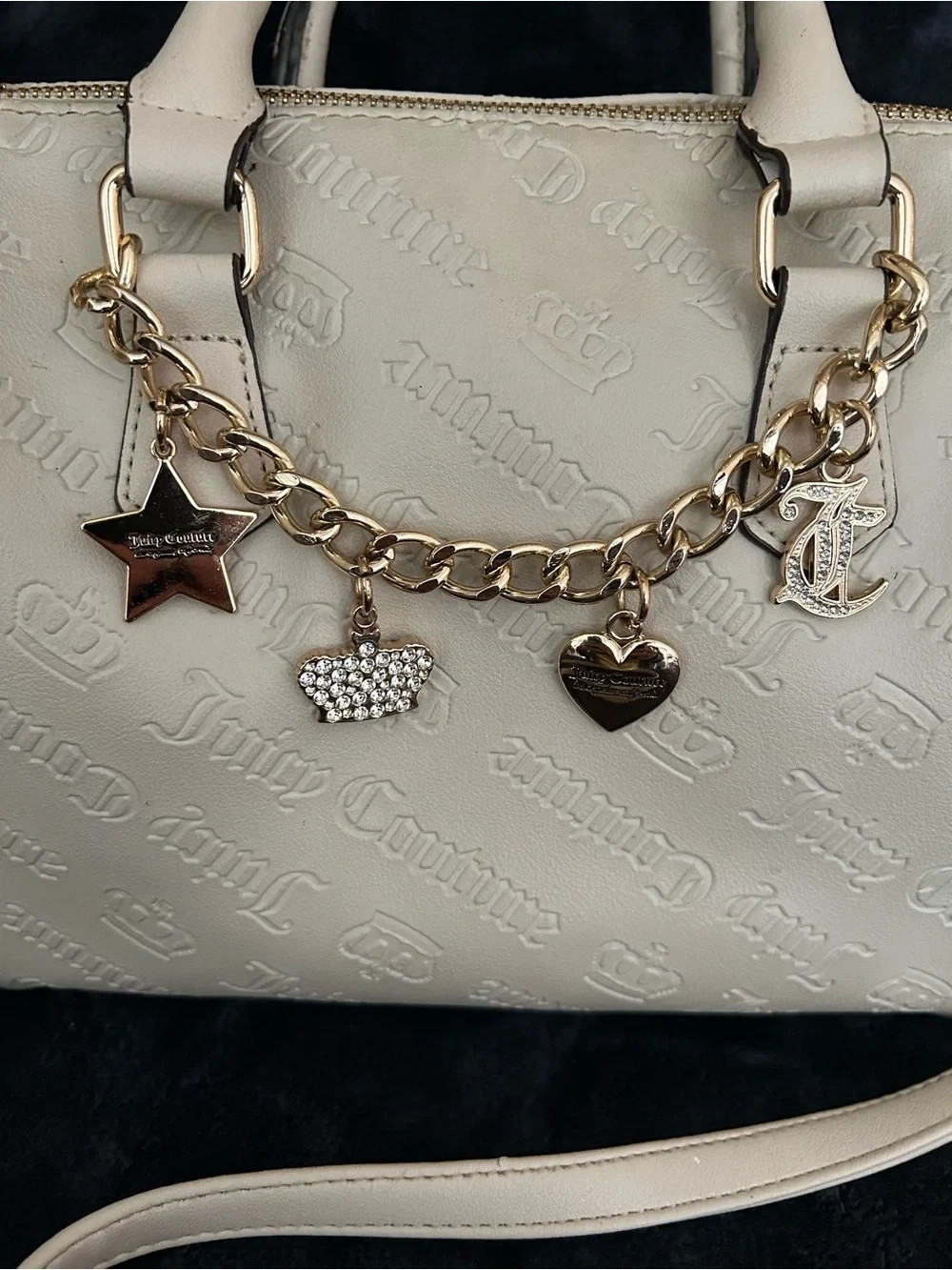 Juicy Couture Cream Embossed Charm Satchel with Chain Accents