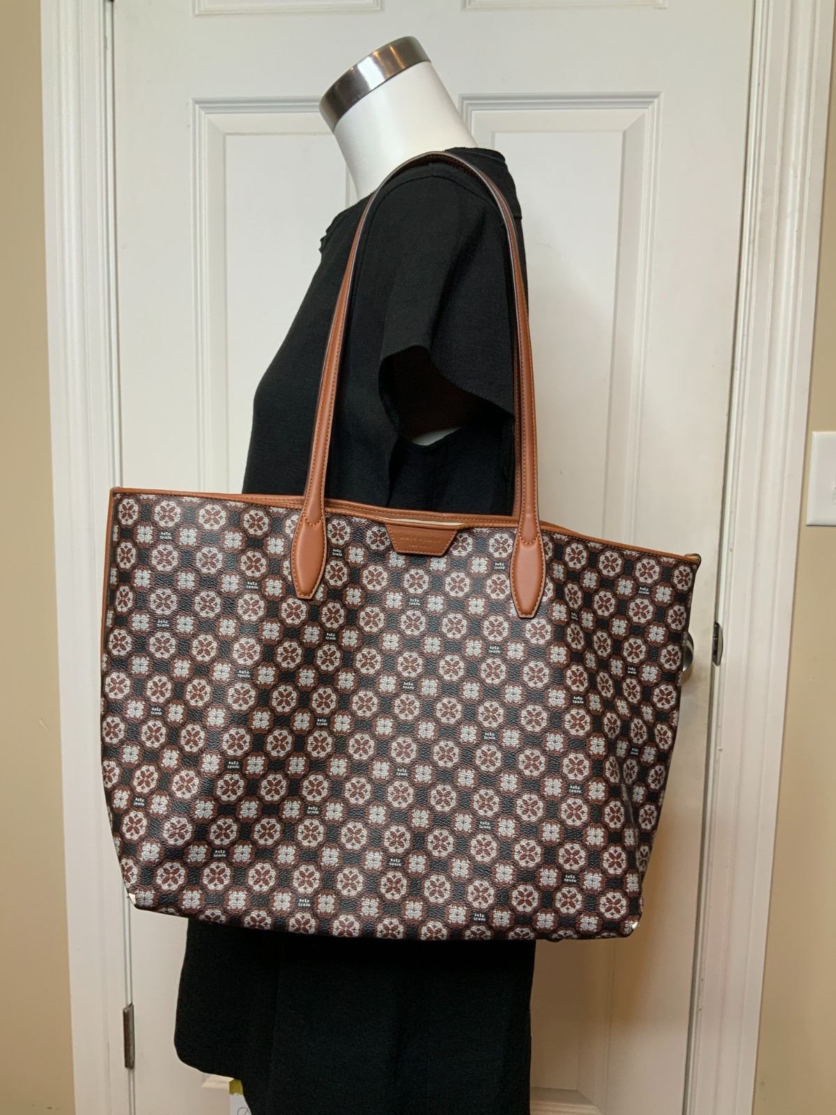 Kate Spade Flower Monogram Sutton Medium Tote Dark Brown Double Handle Bag Purse