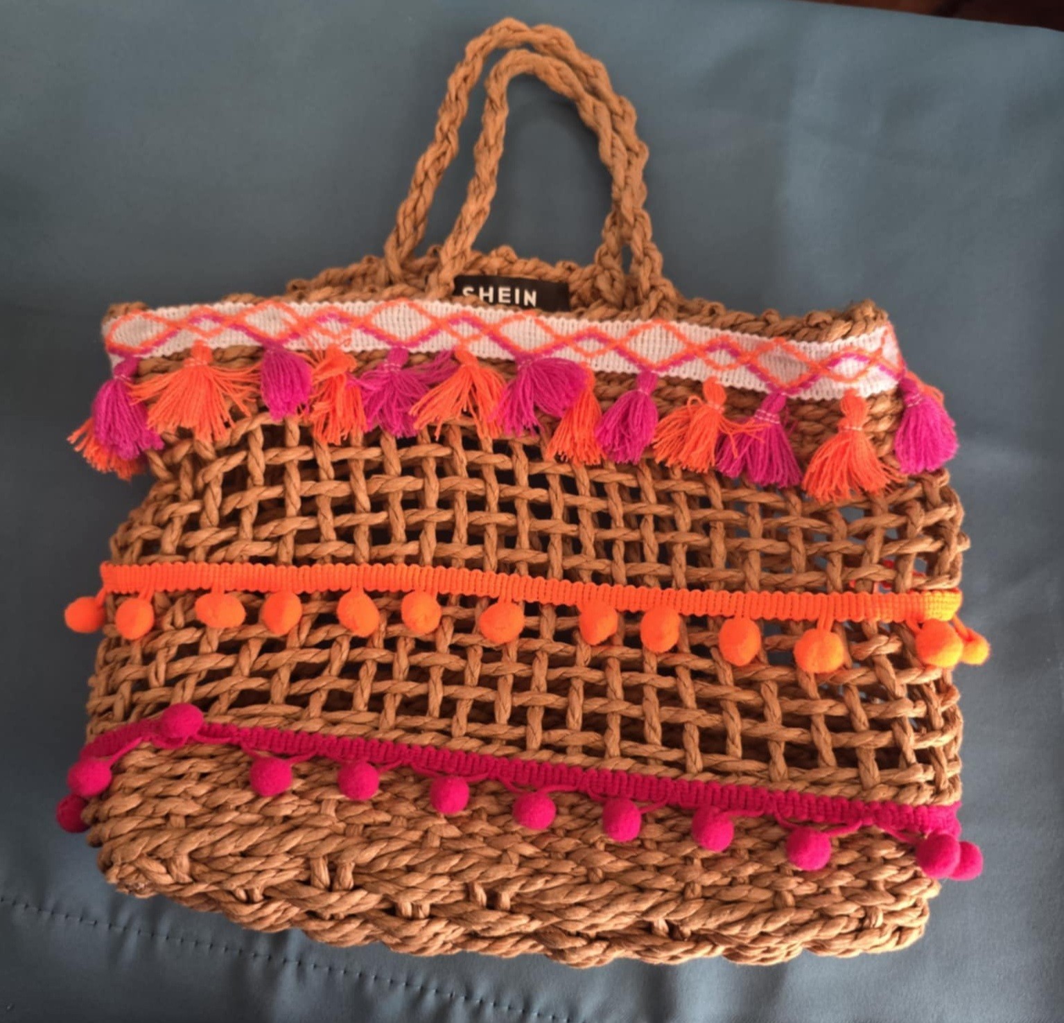 SHEIN Woven Tote Bag with Tassel Pom Pom Accents Brown Pink Orange Beach