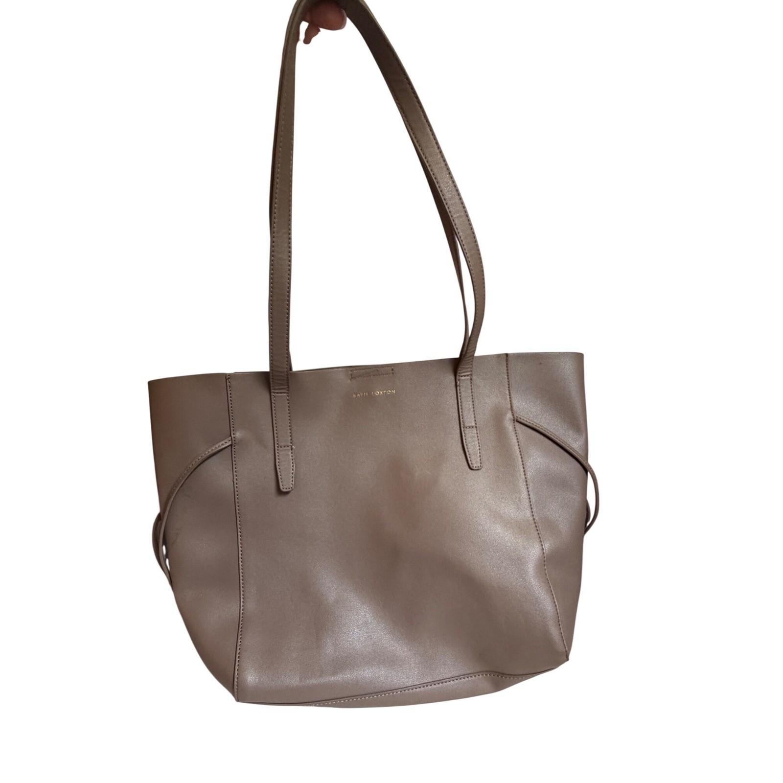 Katie Loxton Taupe Vegan Leather Tote Bag Drawstring Side Detail Large Carryall