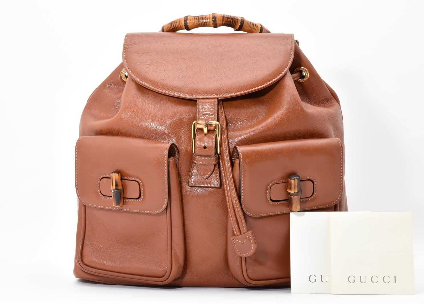 GUCCI Bamboo Leather Backpack Bag Purse Day Pack Brown Vintage Authentic