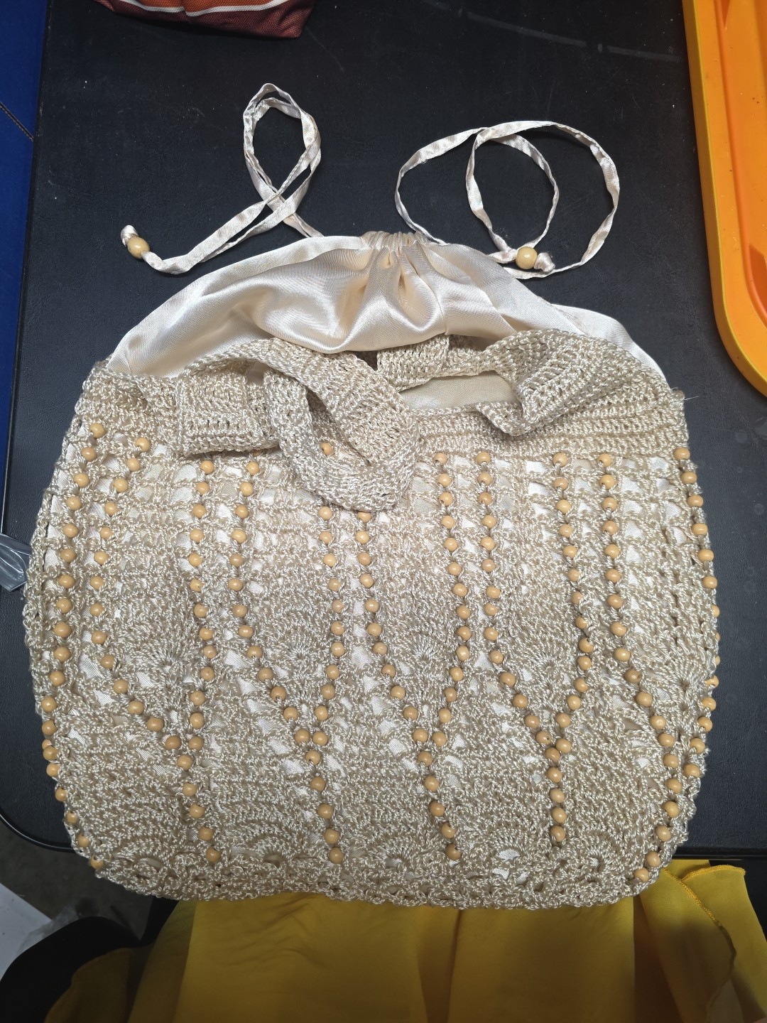 Beige Crochet Bag Purse Double Shoulder Straps Drawstring Closure Inside