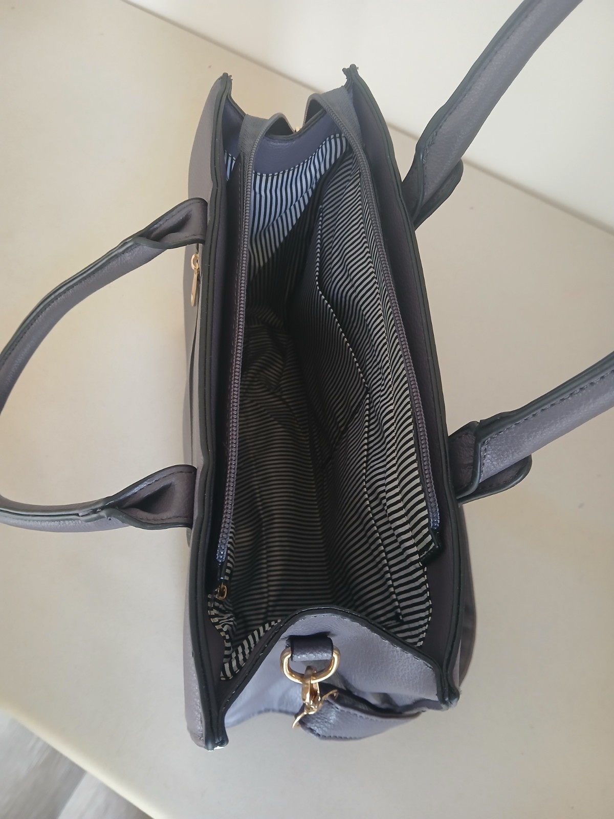 Gray Quilted Satchel Top Handle Bag Zip Closure Detachable Strap Gold Hardware