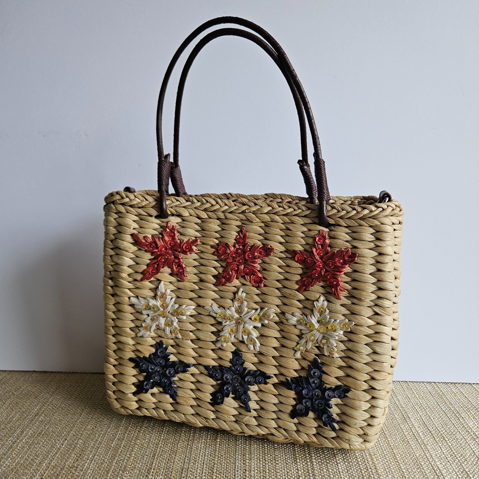 Sonoma Straw Handbag Red White Blue Stars Woven Patriotic Crossbody Purse
