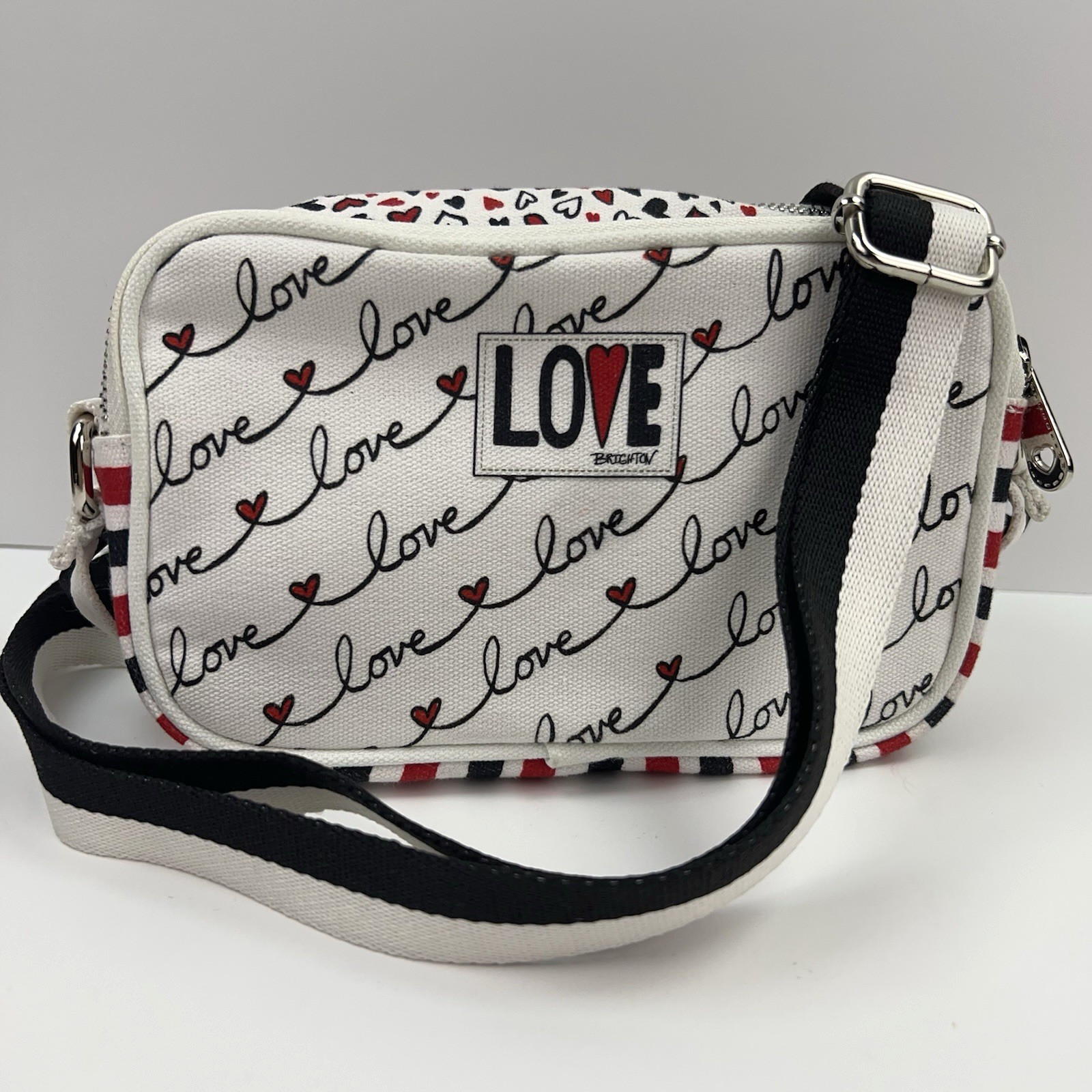 BRIGHTON Crossbody Bag Love Scroll Canvas Double Zip Top Black White Red Hearts
