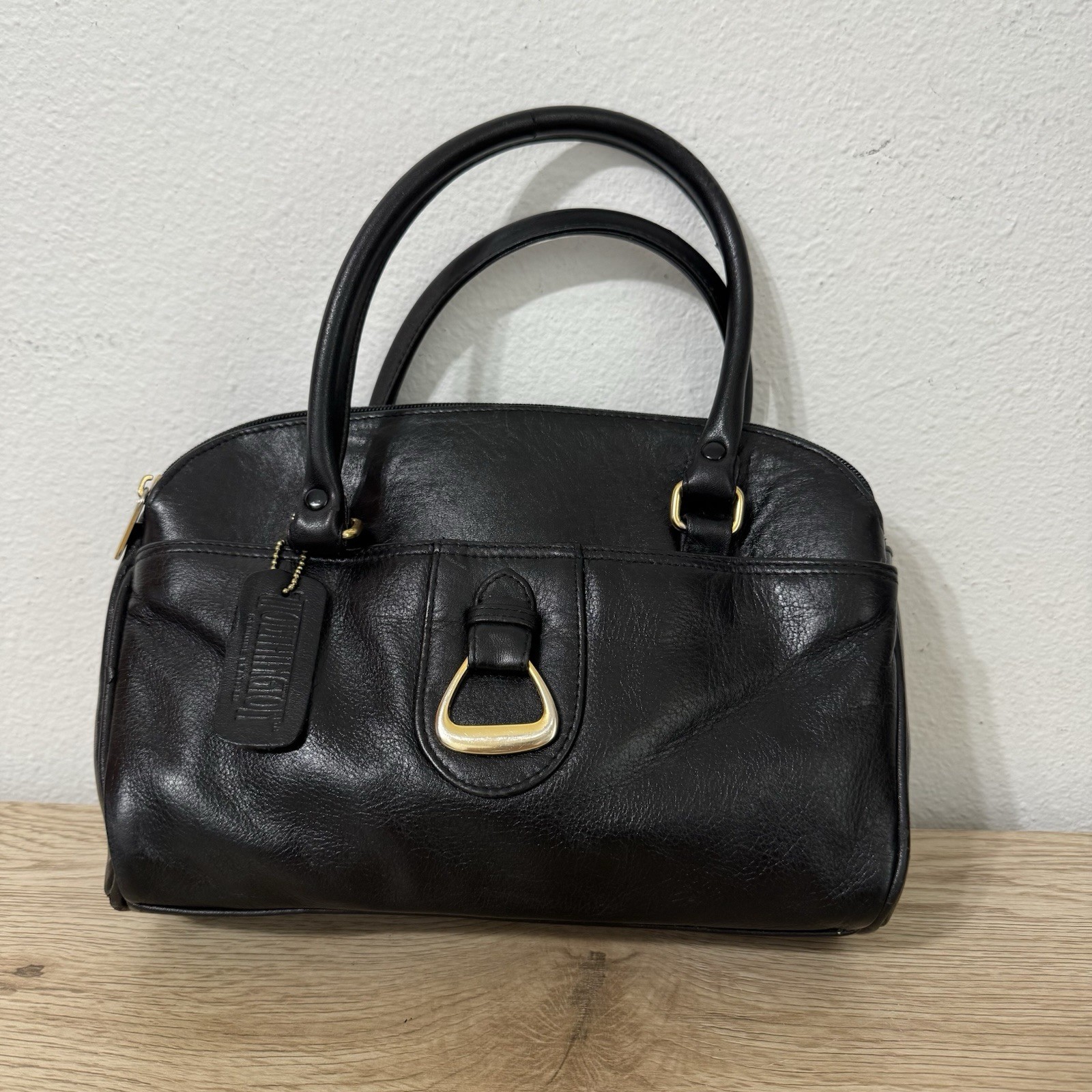 Worthington Black Leather Handbag Double Handle Vintage 90s Y2K Gold Accents