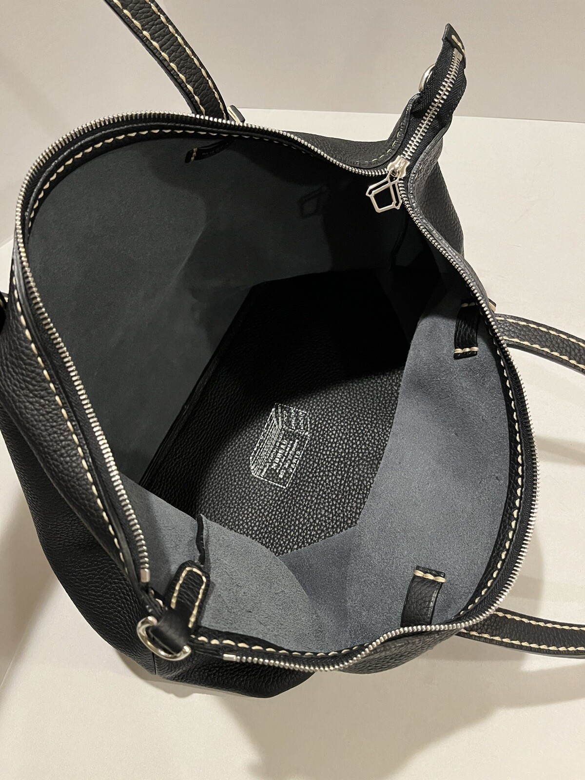Moreau Paris Black Pebbled Leather Tote Shoulder Bag Made In France With Pouch