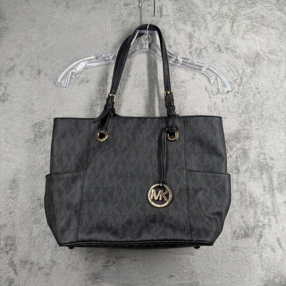 Michael Kors Jet Set Signature Tote Bag Black Leather Purse Shoulder Bag Shopper