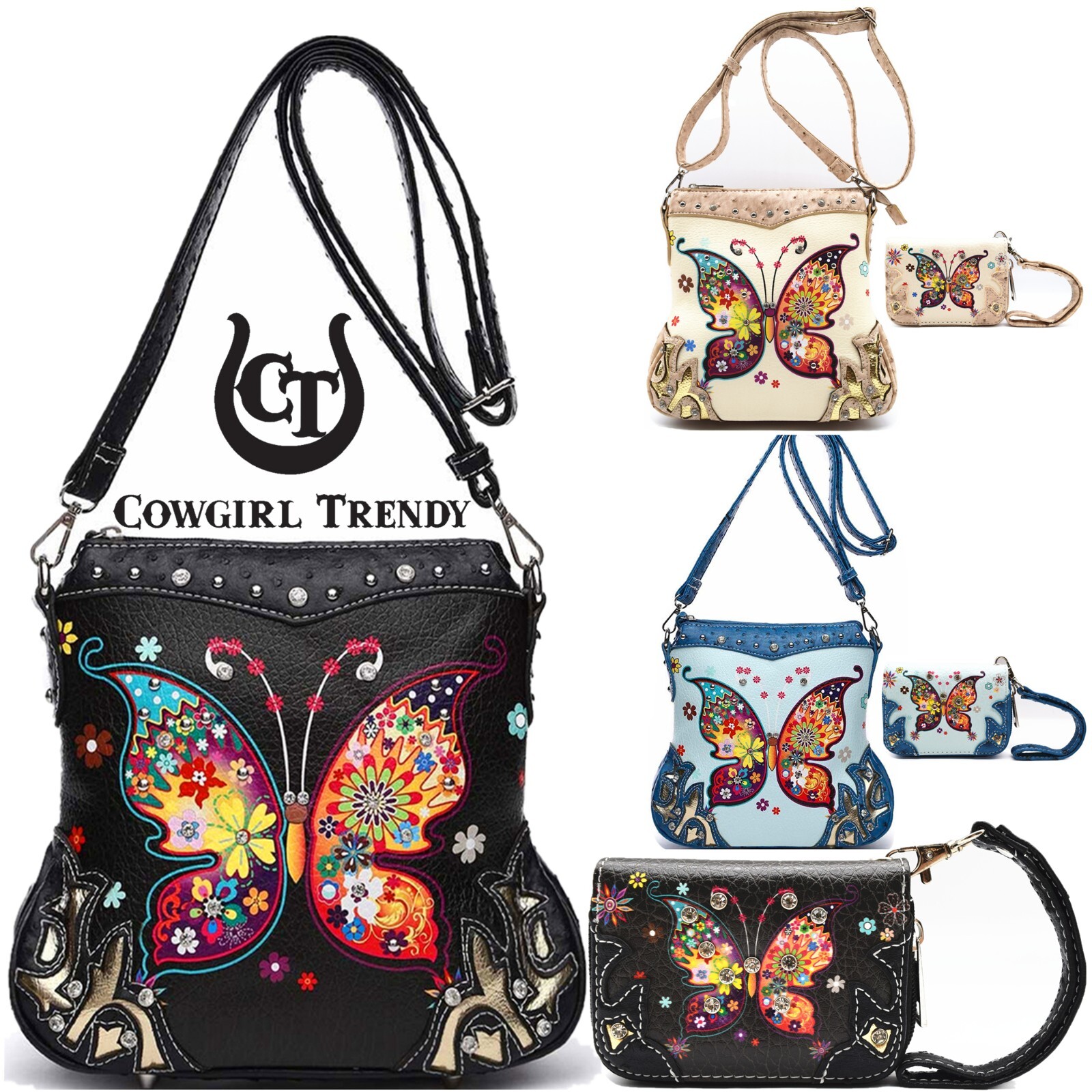Western Butterfly Spring Leather Purse Women Crossbody Bag Card Holder Wallet