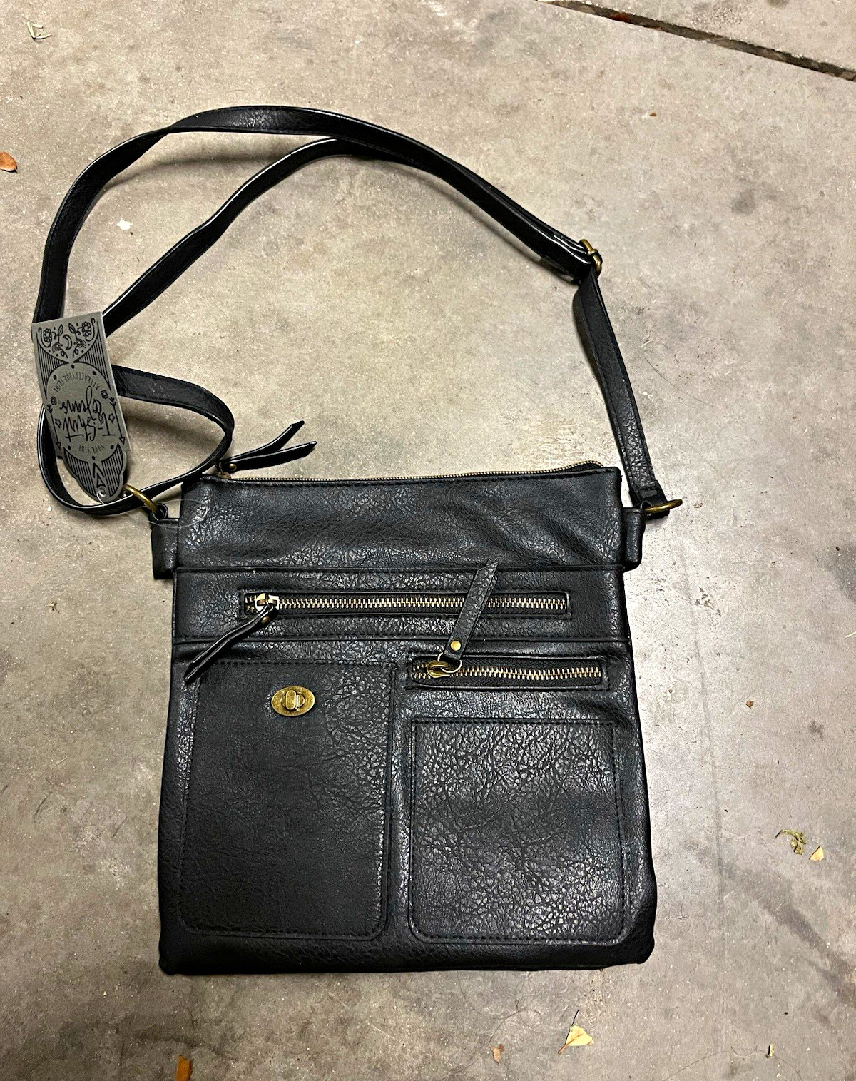 Black Women’s Crossbody Bag Zip Pockets Adjustable Strap Pebbled Gold Med