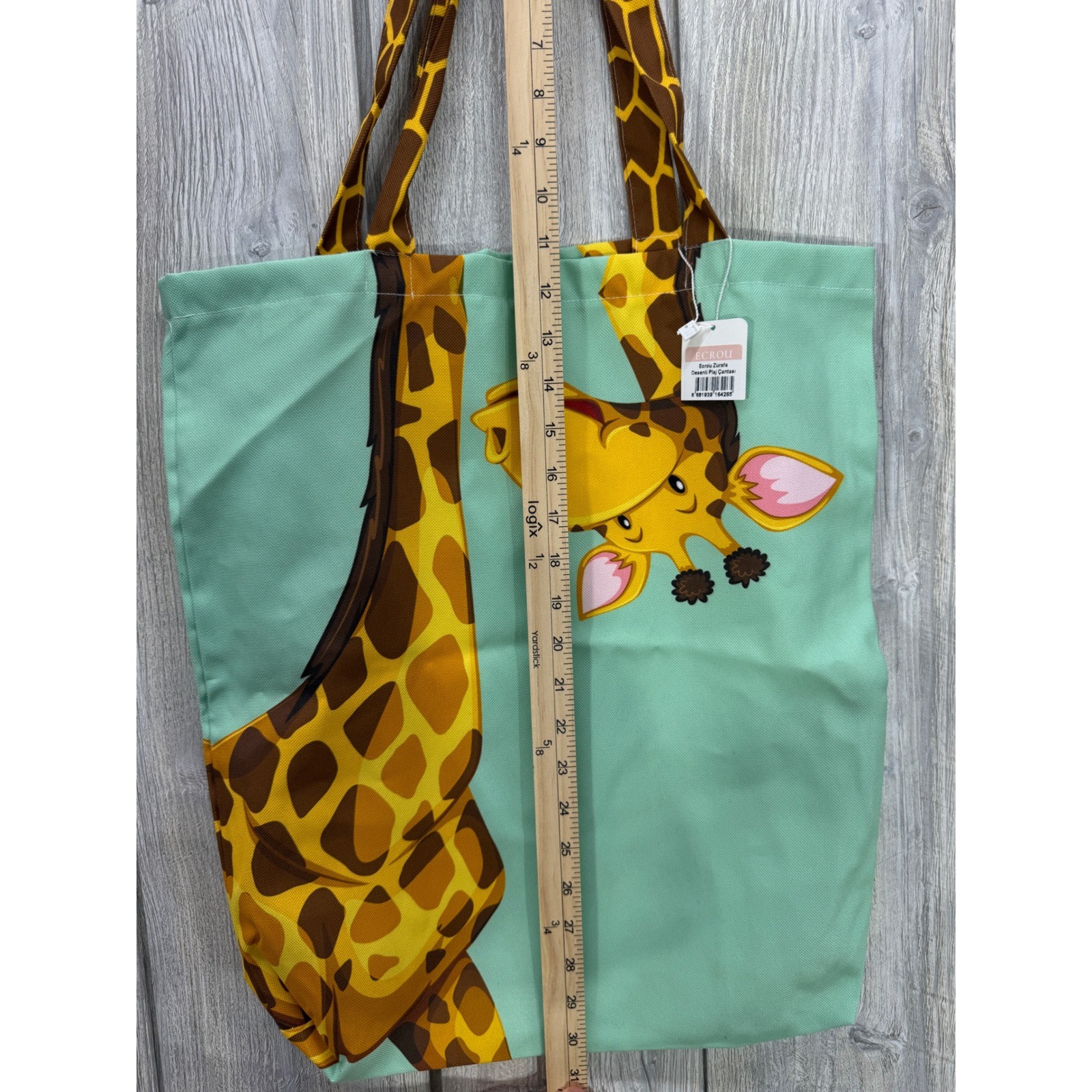 Ecrou Giraffe Print Canvas Tote Bag Mint Green Animal Graphic Beach Shopper NWT