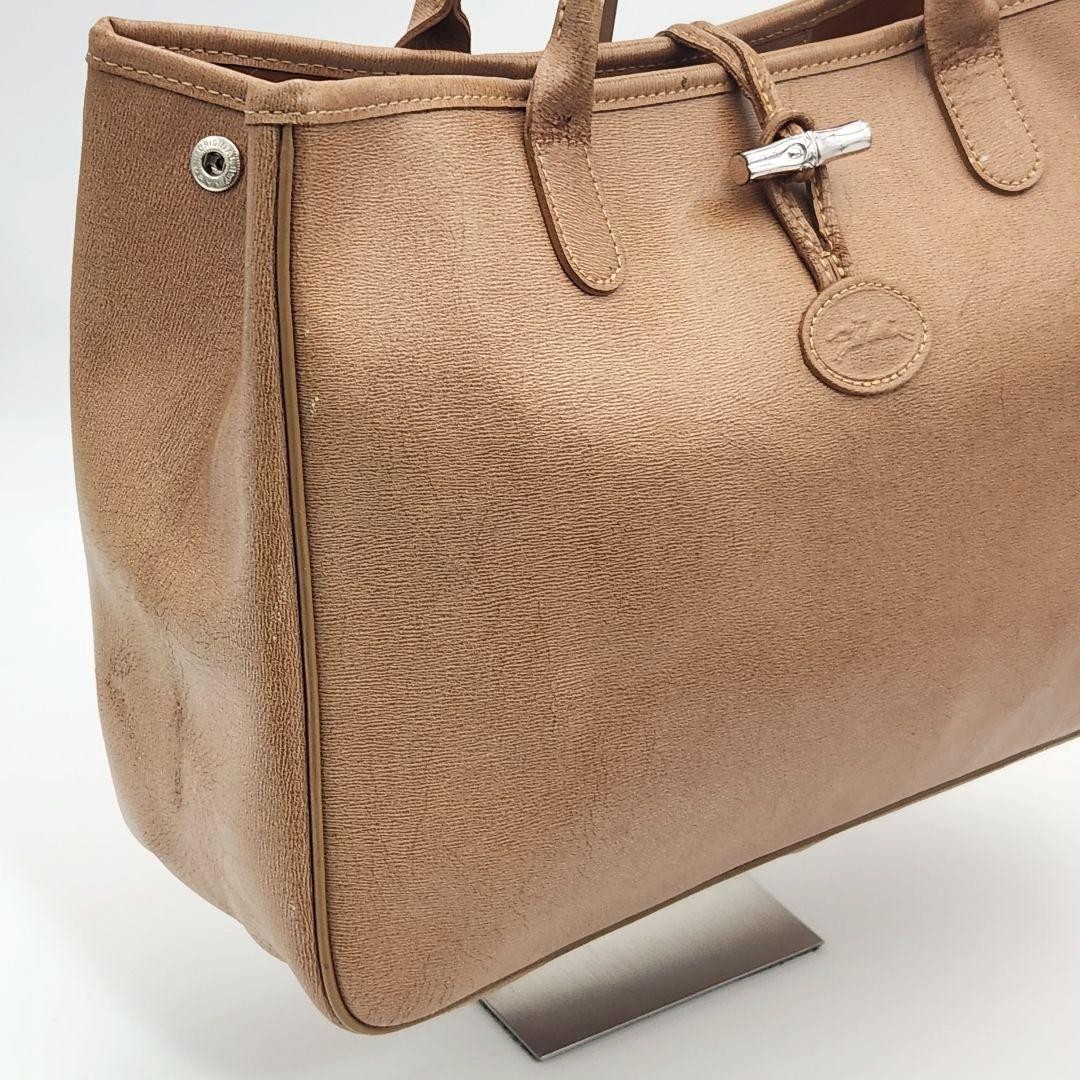 Longchamp Hand Bag Tote Purse Logo ROSEAU Leather Camel Authentic