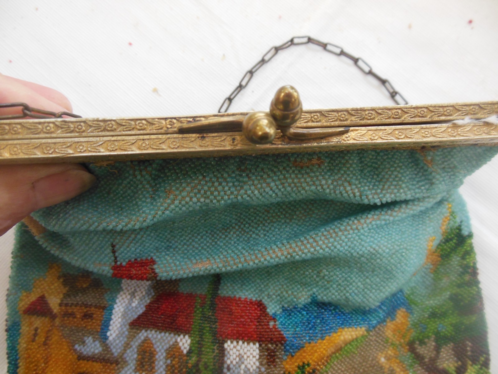 Large Antique Hand-Beaded Purse w European Village on Cliffside River Scene