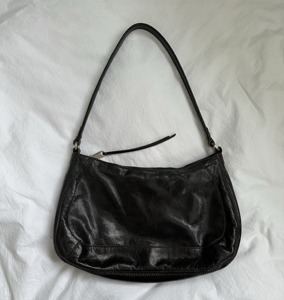VTG Y2K Leather Hobo Zip Top Shoulder Bag Purse Dark Gray Black Brown Stitching